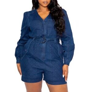 Buxom Curvy Denim Romper Dark Wash Long Sleeve Belted Quilted Shorts 3X